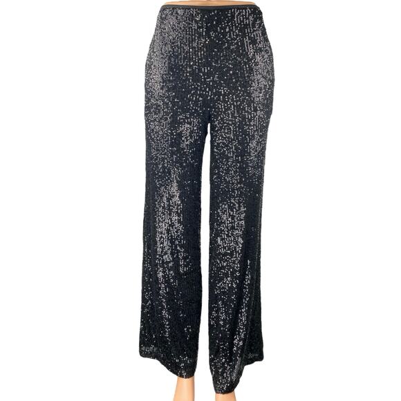 ASOS Design Black Sequin Shimmer Glitter Wide Leg High Waist Trousers Pants Sz 4 - Picture 1 of 6